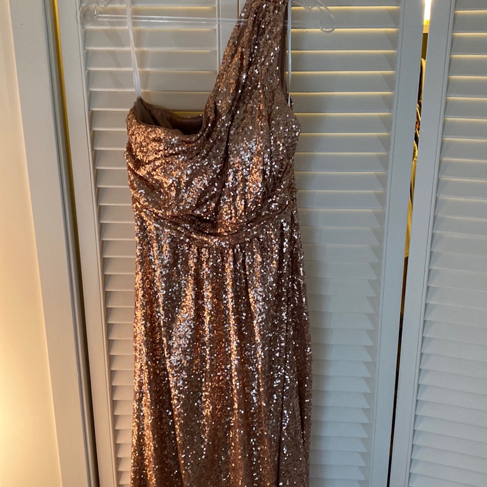 Revelry gold sequin full length bridesmaid dress